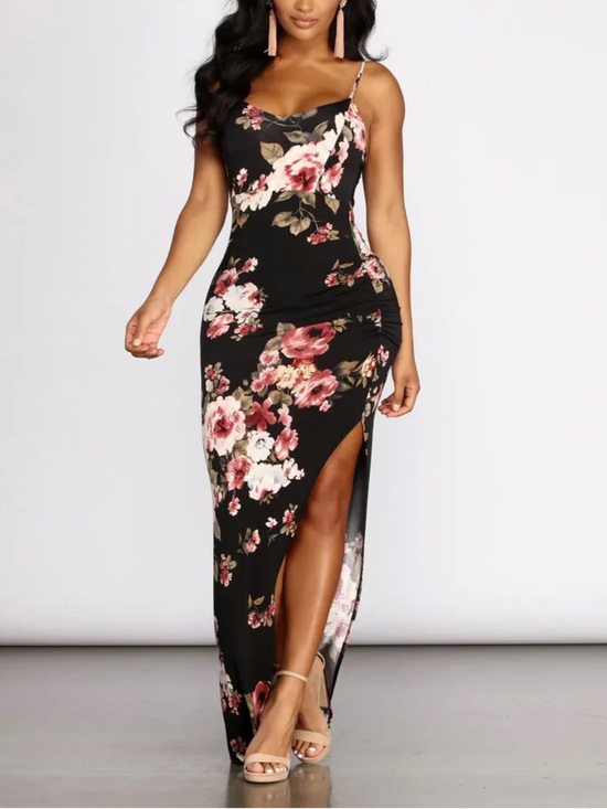 Windsor Dresses & Skirts - Windsor Black Maxi Slip Dress with Pink Floral Print and Side Slit